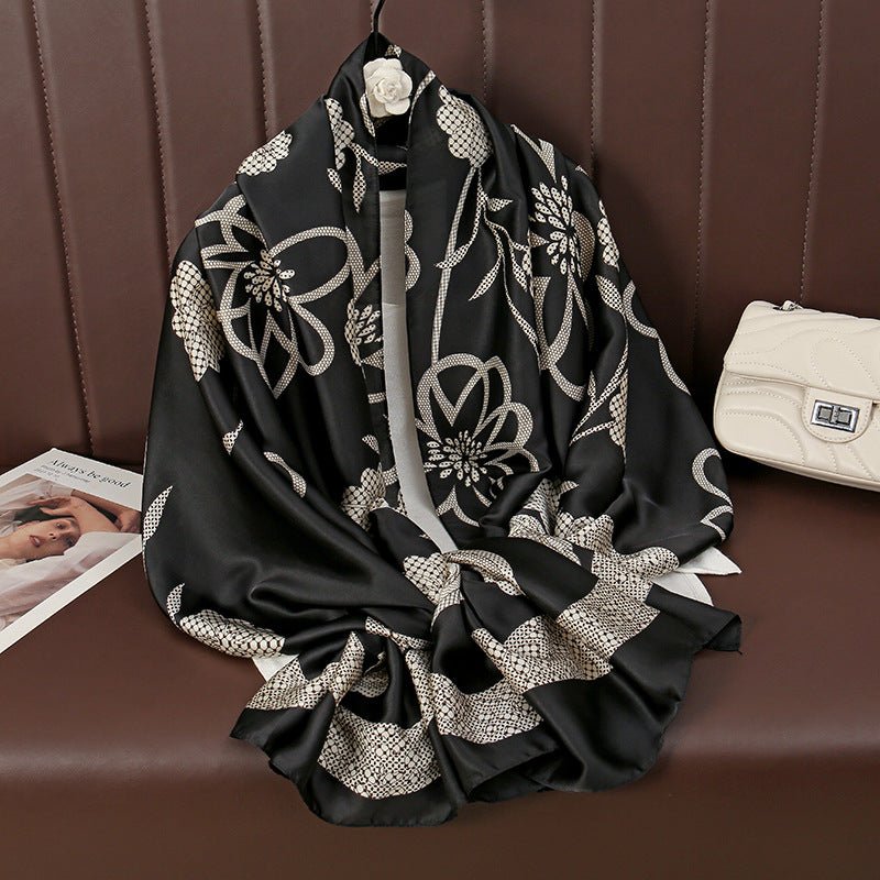 Black & White Floral Design High Quality Women's Silk Scarf