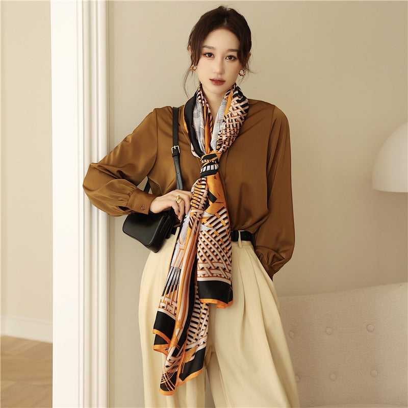 Korean style elegant geometry pattern Satin silk scarf