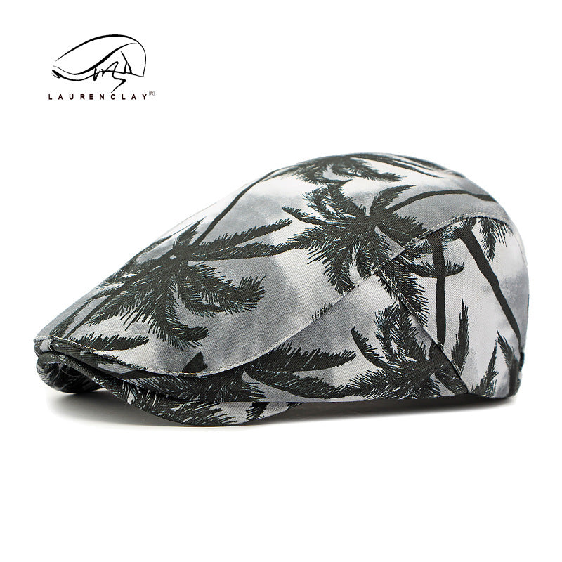 Vintage Tie-Dye Beret Beach Coconut Tree Print Versatile Cap