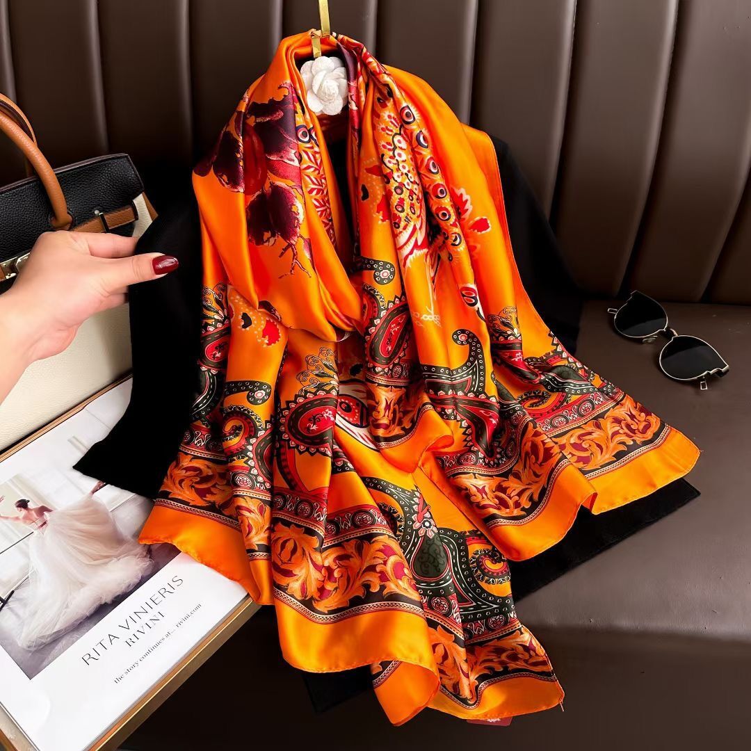 Colorful Floral Design Ethnic Pattern printed Satin Silk Scarf