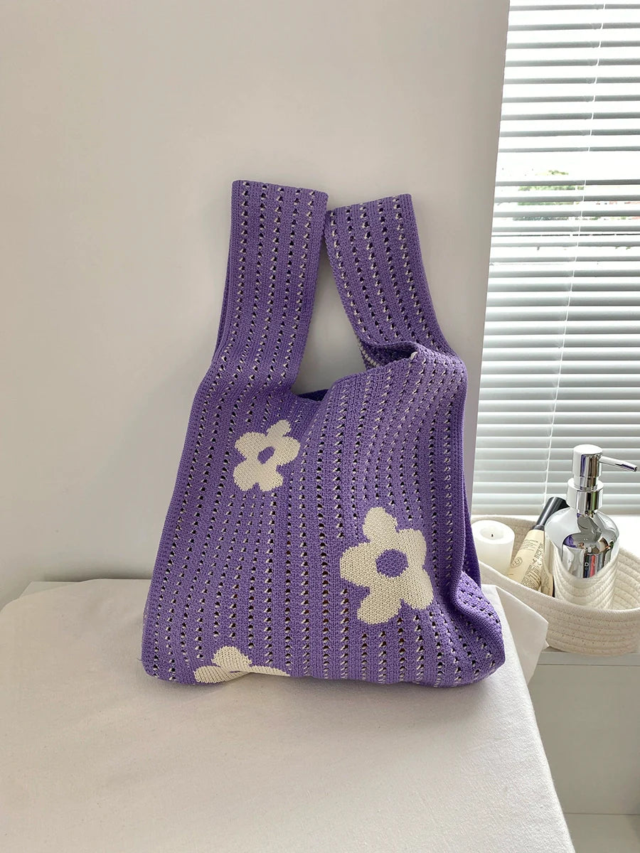 Candy Color Floral Knitted Tote Hand Bag For Women (ALAUDDIN)