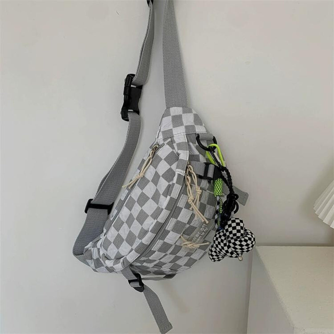 Checkerboard plaid retro crossbody bag with adjustable shoulder strap and free pendant (ALAUDDIN)