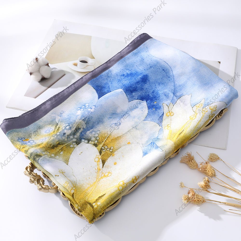 Water Bloom Floral Printed High Quality Satin Silk Scarves