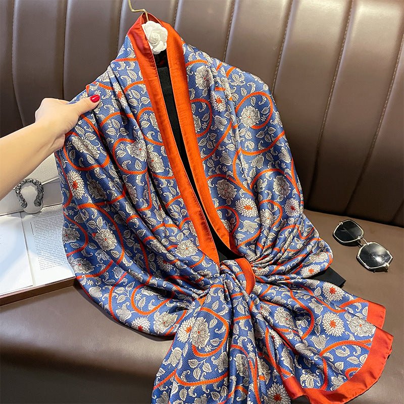 Vintage Royal Blue Floral Design Women's Satin Silk Scarves