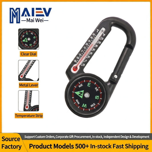 Multi-Function Zinc Alloy Outdoor Compass Carabiner with Integrated Thermometer