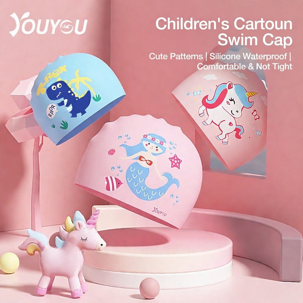 Kids Waterproof Silicone Swimming Cap with Cute Cartoon Animal Designs