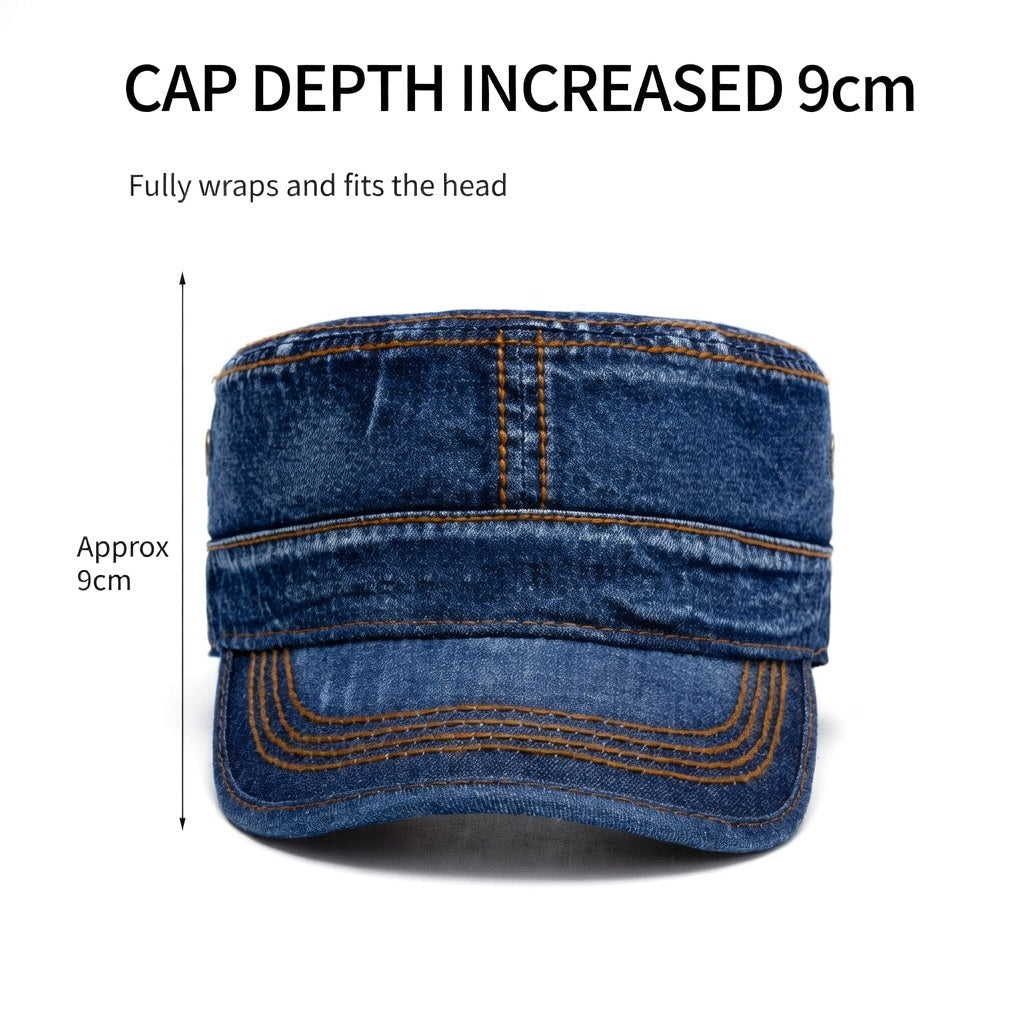 Vintage Washed Cotton Denim Flat Top Military Baseball Cap