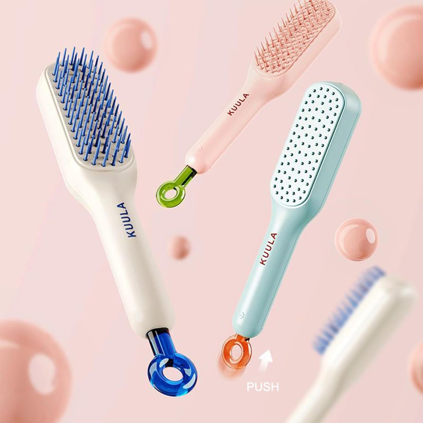 KUULA Retractable One-Click Self-Cleaning Detangling Scalp Massage Hair Brush - Pastel Pink Selection