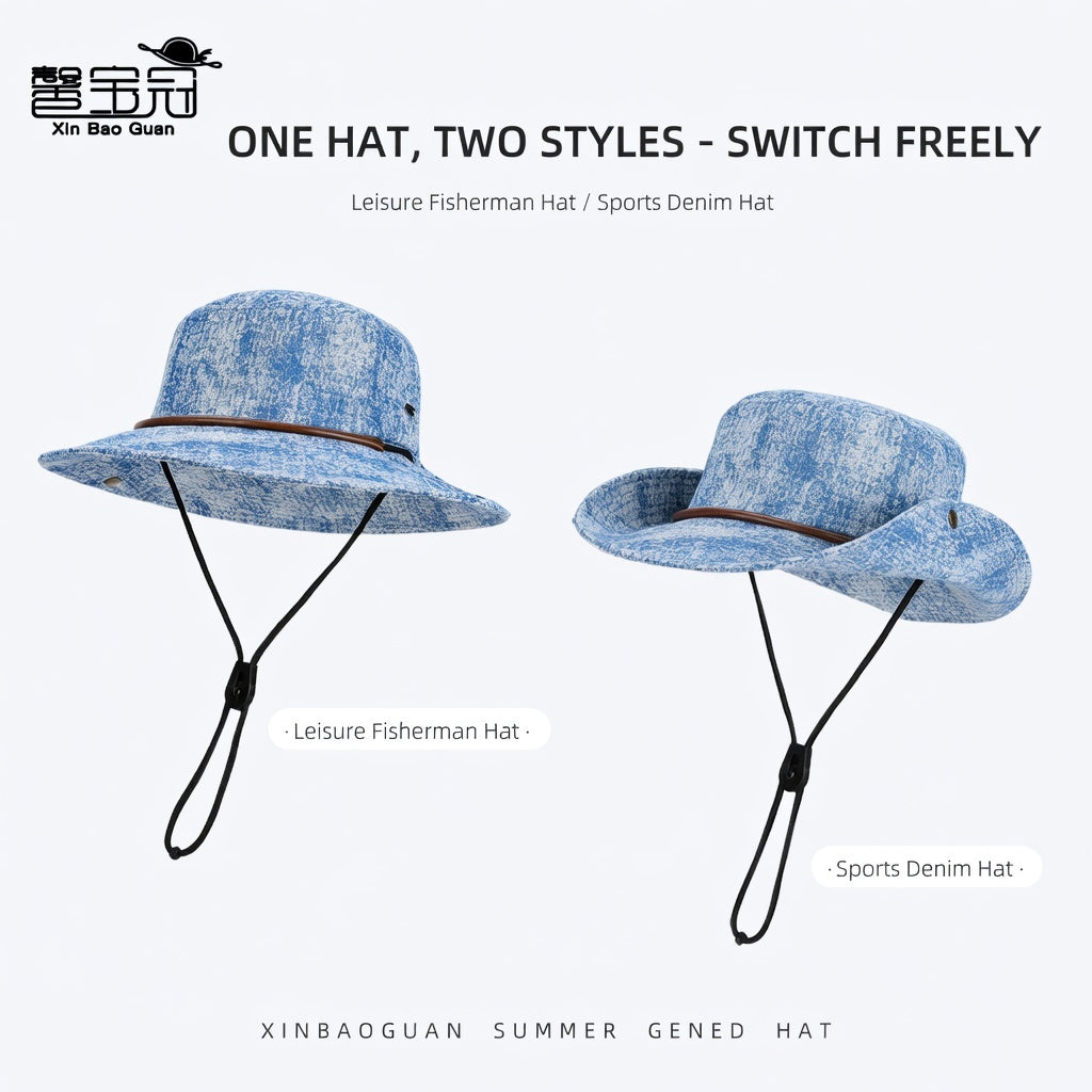 Unisex Washed Denim Outdoor Sun Protection Wide Brim Bucket Hat