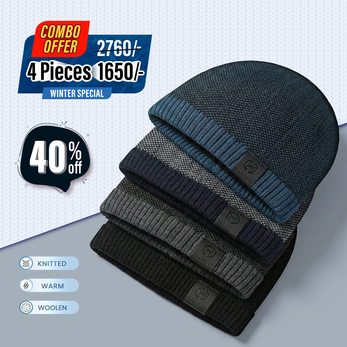 Men's Round-Top Casual Leather Label Warm Fashionable Winter Beanie