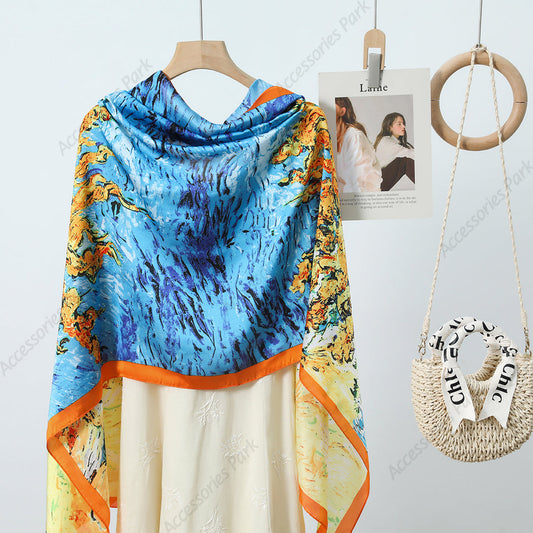 Beautiful Oil Painted Colorful Satin Silk Scarf for Women