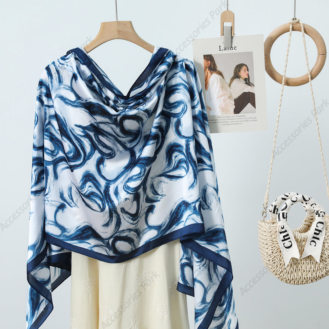 Aqua Blue Oil Painted Design Beautiful Wave Satin Silk Scarf