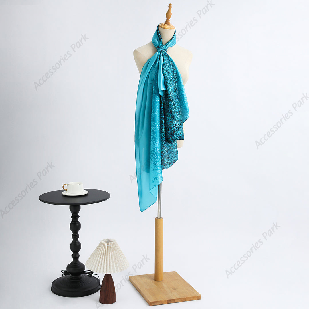 Aqua Blue Leopard Printed Women Satin Silk Scarf