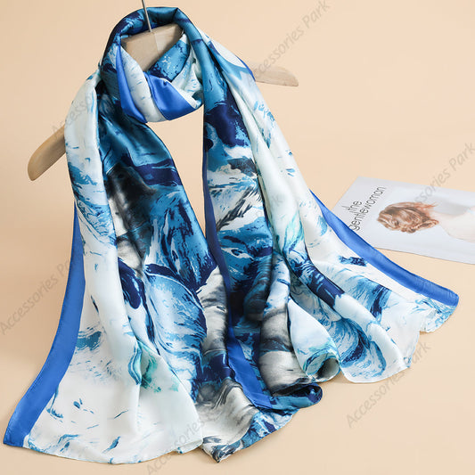 Beautiful Oil Painted Multicolor Women Satin Silk Scarf