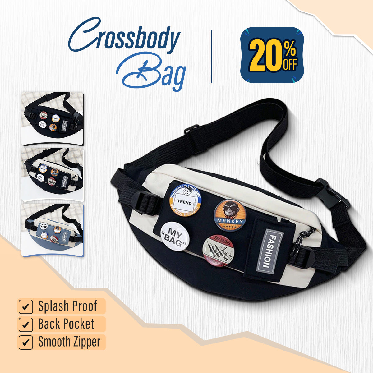 Stylish Crossbody Messenger Chest Bag with Badges & Plush