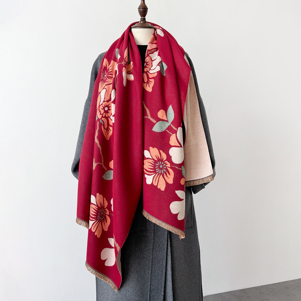 Luxury Saffron Red Floral Design Printed Winter Shawl