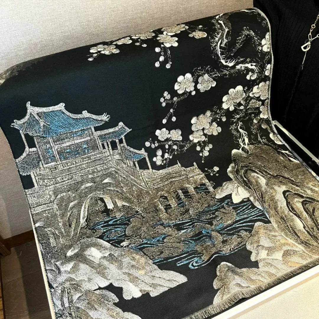 Luxury Dung Huang Art Printed Winter Shawl for Women