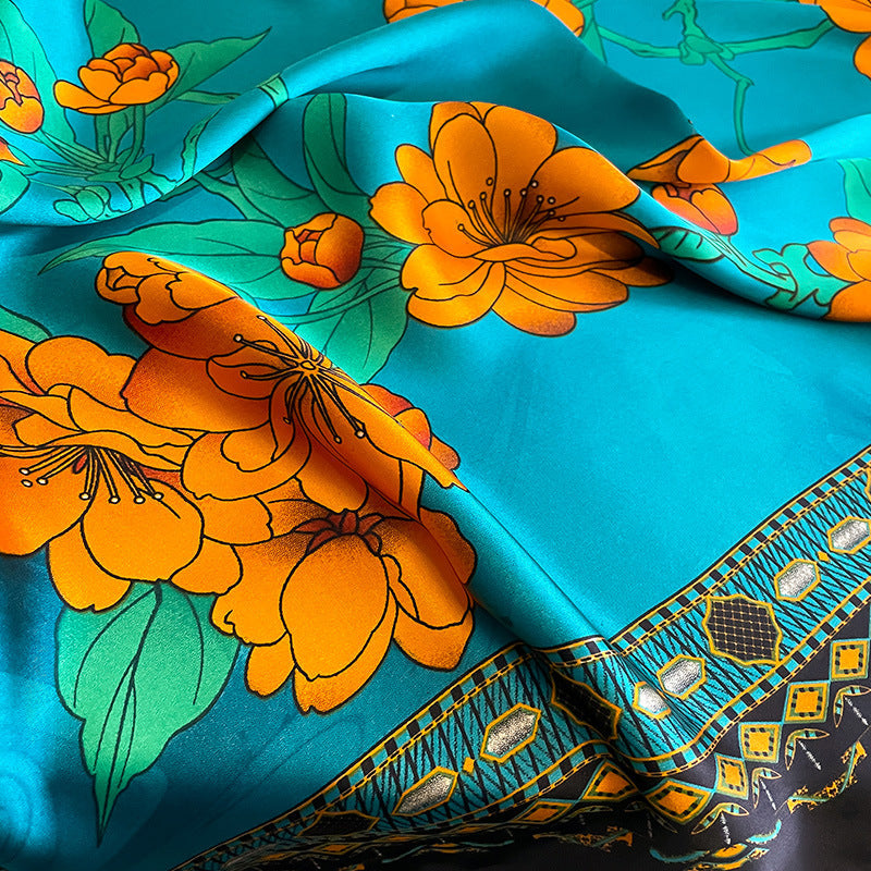 Aqua Floral Printed Luxury Satin Silk Scarf for Women