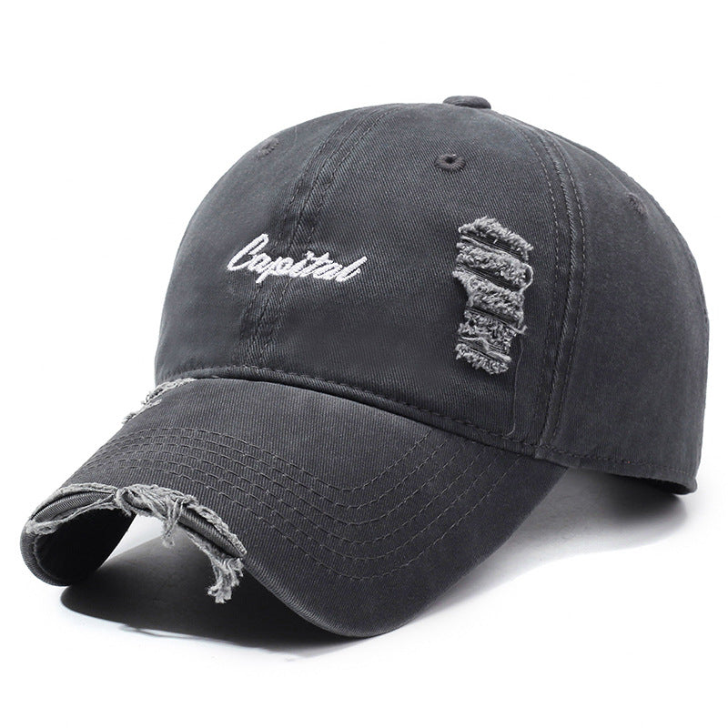 Outdoor Lettered Embroidery Soft Top Ripped Vintage Cap