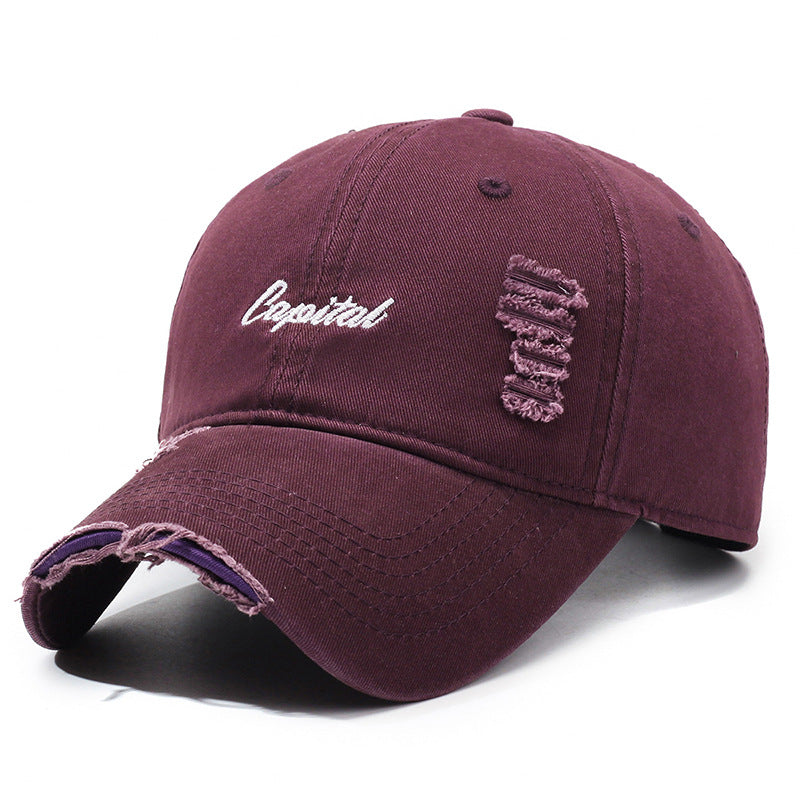 Outdoor Lettered Embroidery Soft Top Ripped Vintage Cap