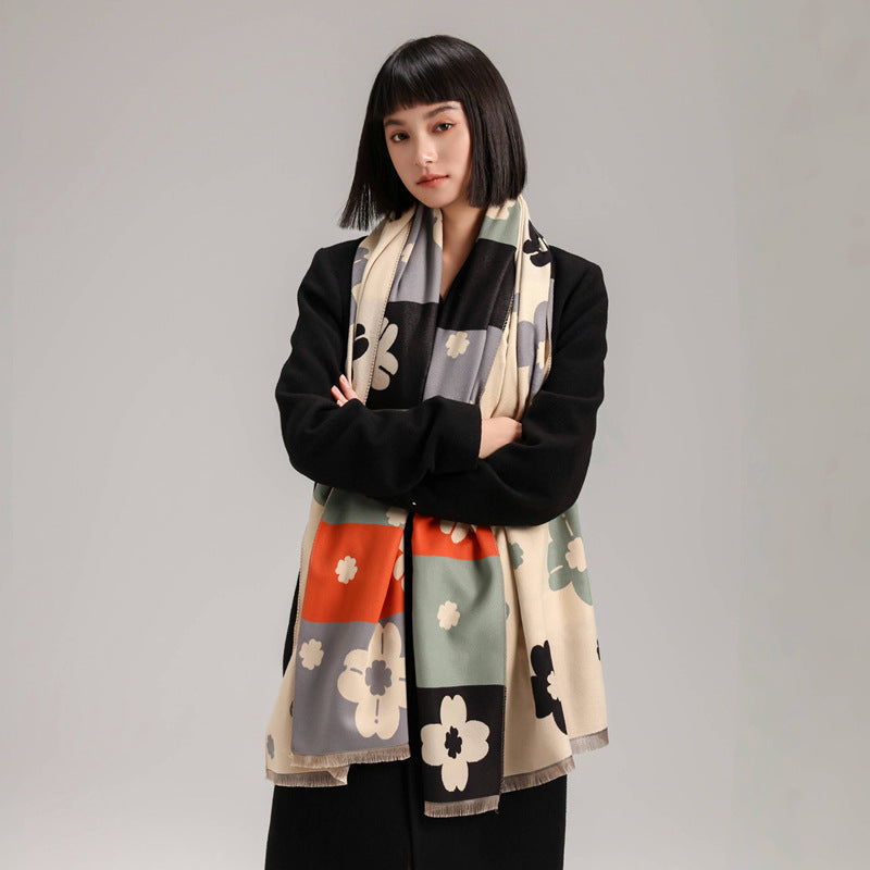 Elegant Multi-Color Double-sided Floral Printed Luxury Winter Shaw