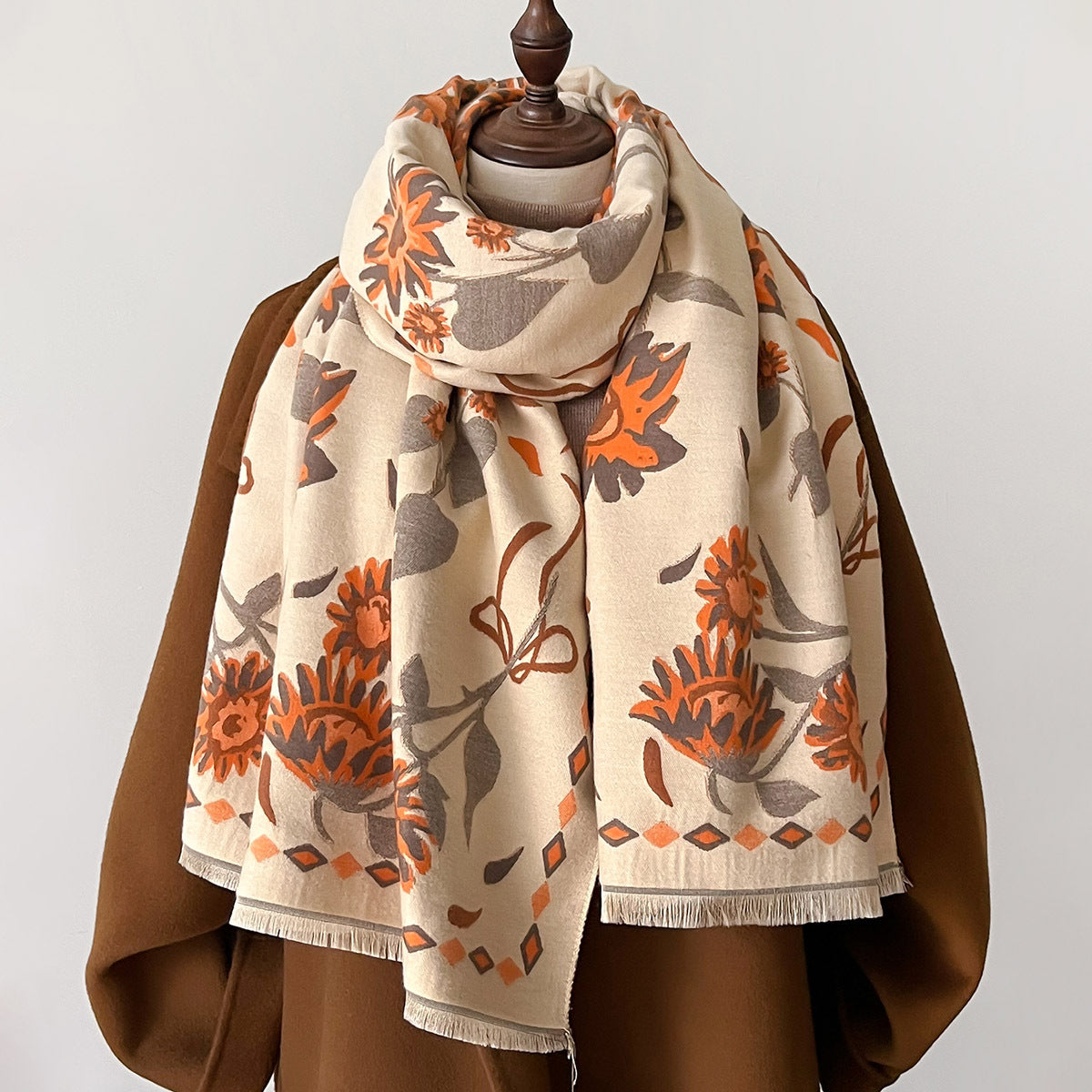 Women's Elegant Orange Floral Design Luxury Winter Shawl