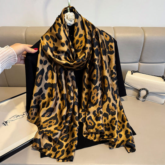 Wild Allure Luxurious Leopard Pattern Satin Silk Scarf For Women