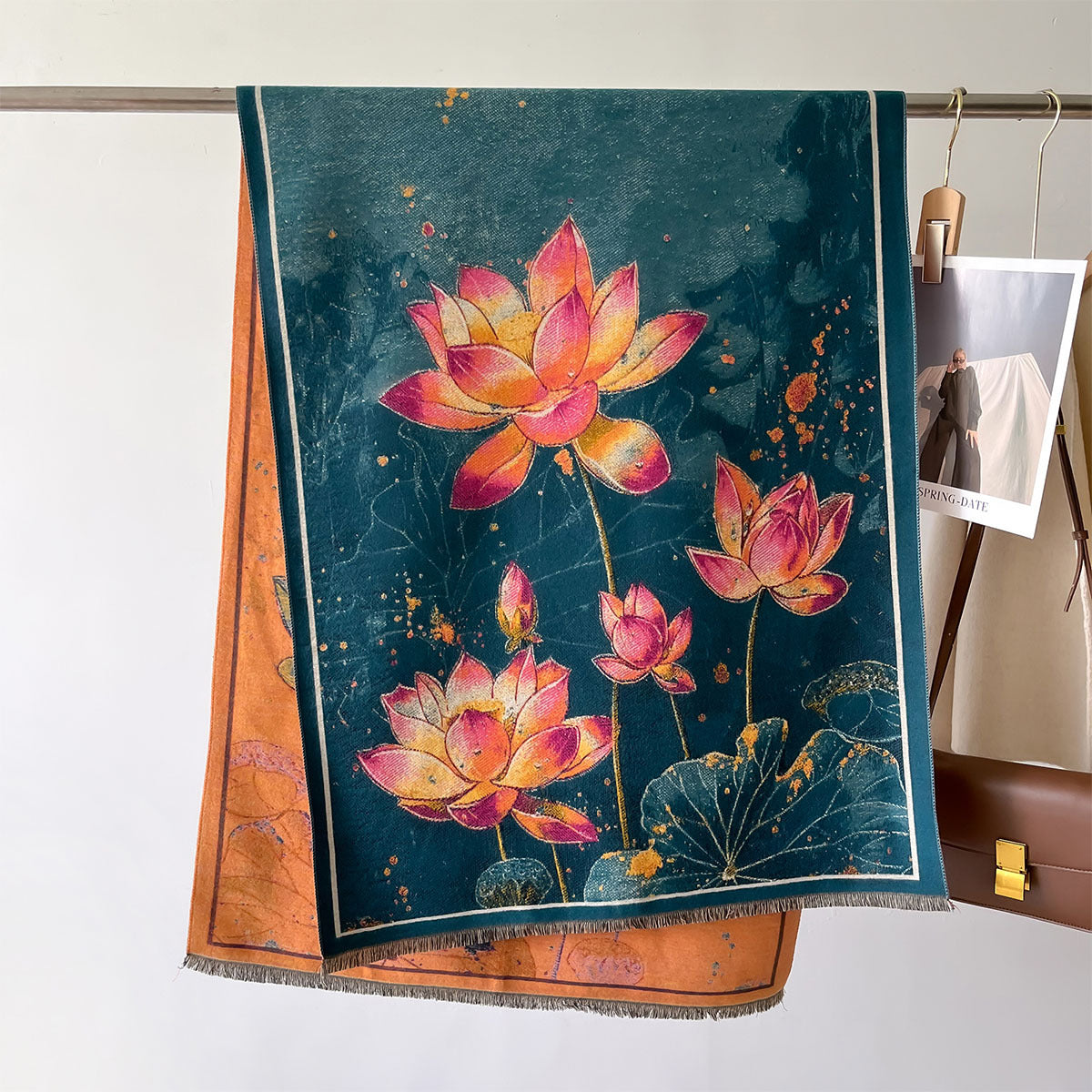 Elegant Lotus Blossom Oil Painting Luxury Winter Shawl For Women