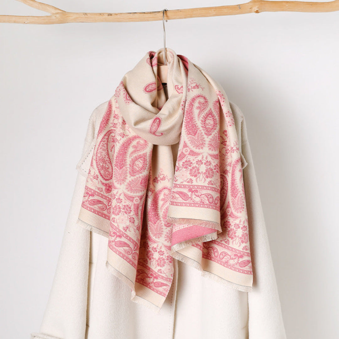 Premium Bohemian Pink Paisley Patterned Winter Shawl for Women