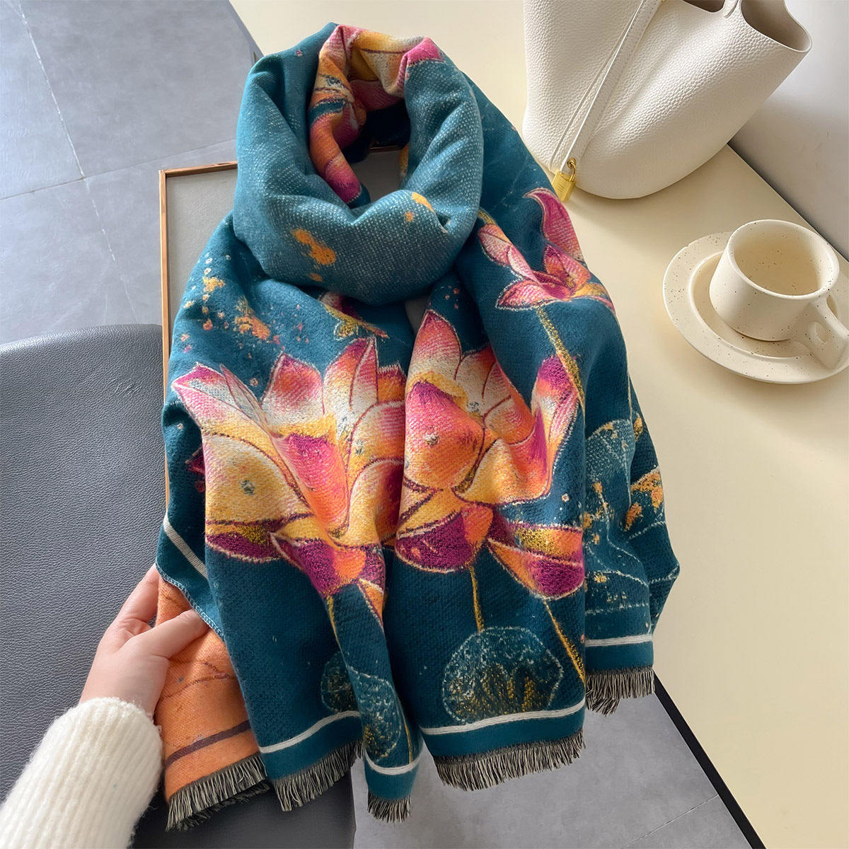 Elegant Lotus Blossom Oil Painting Luxury Winter Shawl For Women