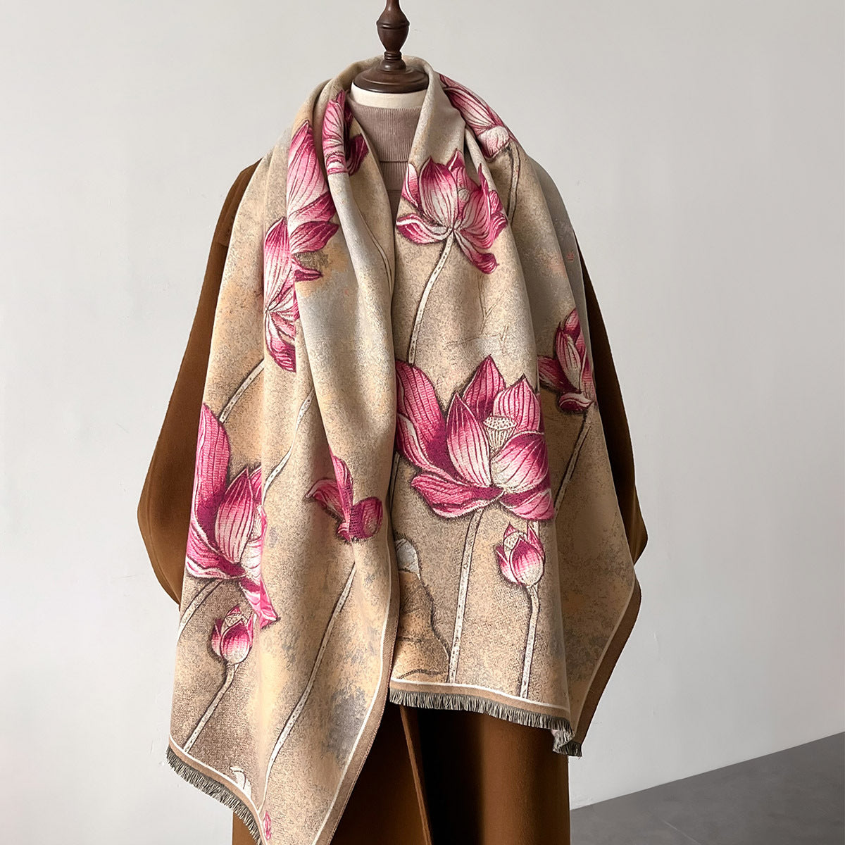 Ultra-Soft Cashmere Lotus Flower Jacquard Winter Shawl for Women