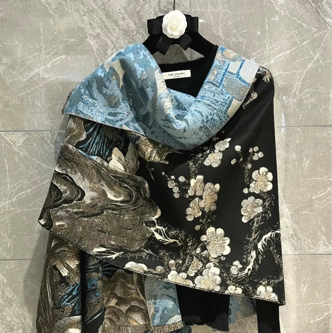 Luxury Dung Huang Art Printed Winter Shawl for Women