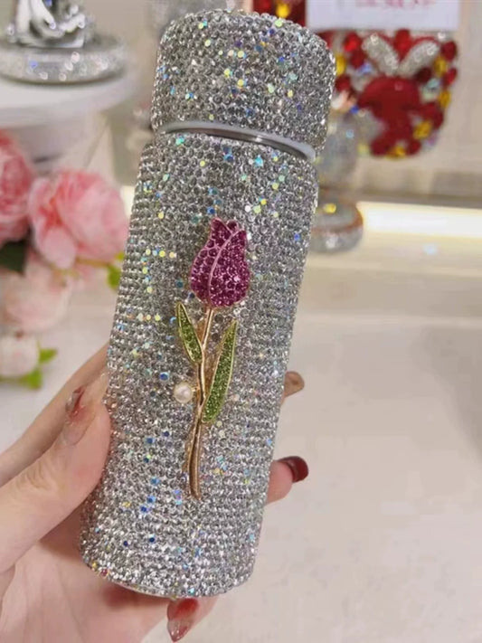 Diamond-encrusted tulip small portable food grade stainless steel water bottle (ALAUDDIN)