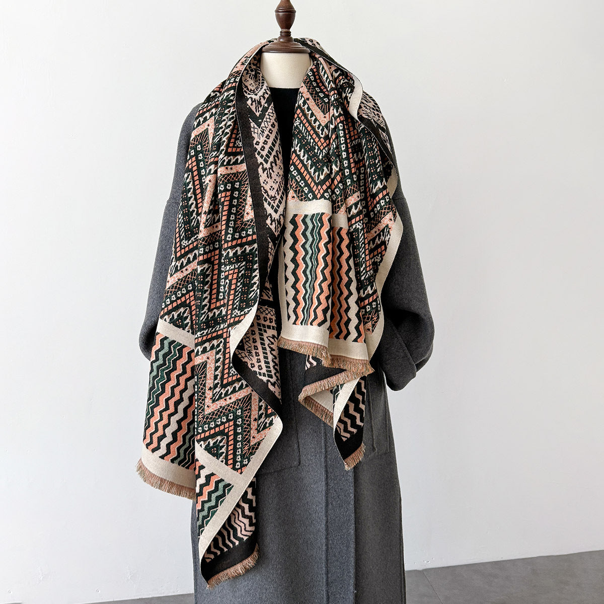 Double-Sided Printed Geometric Zigzag Design Luxury Winter Shawl