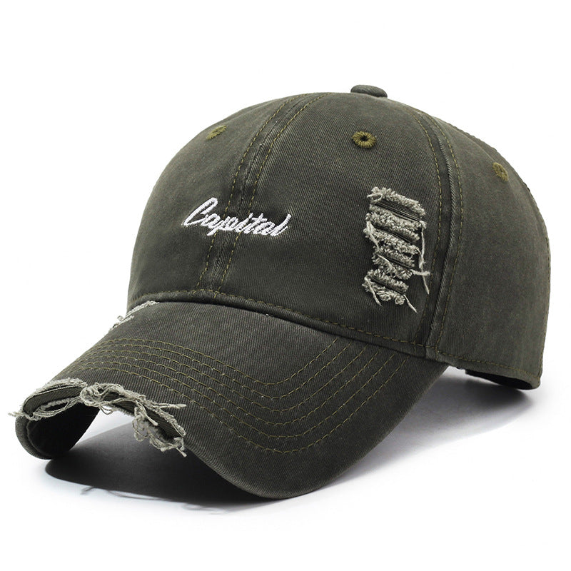 Outdoor Lettered Embroidery Soft Top Ripped Vintage Cap