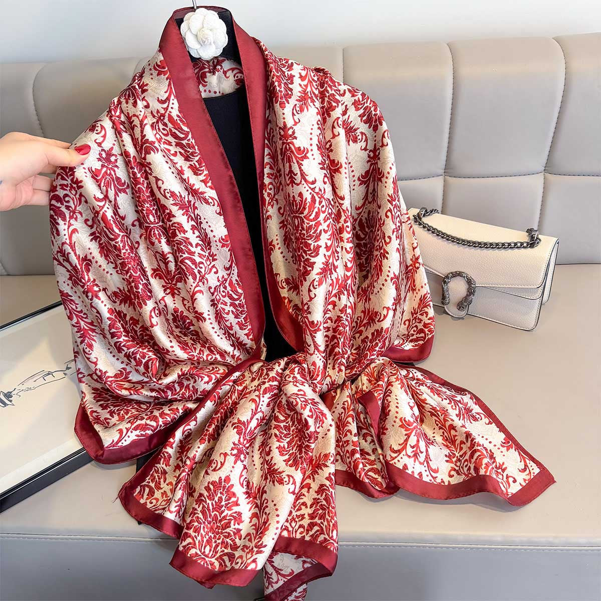 Elegant Red Floral Design Luxury Satin Silk Scarf