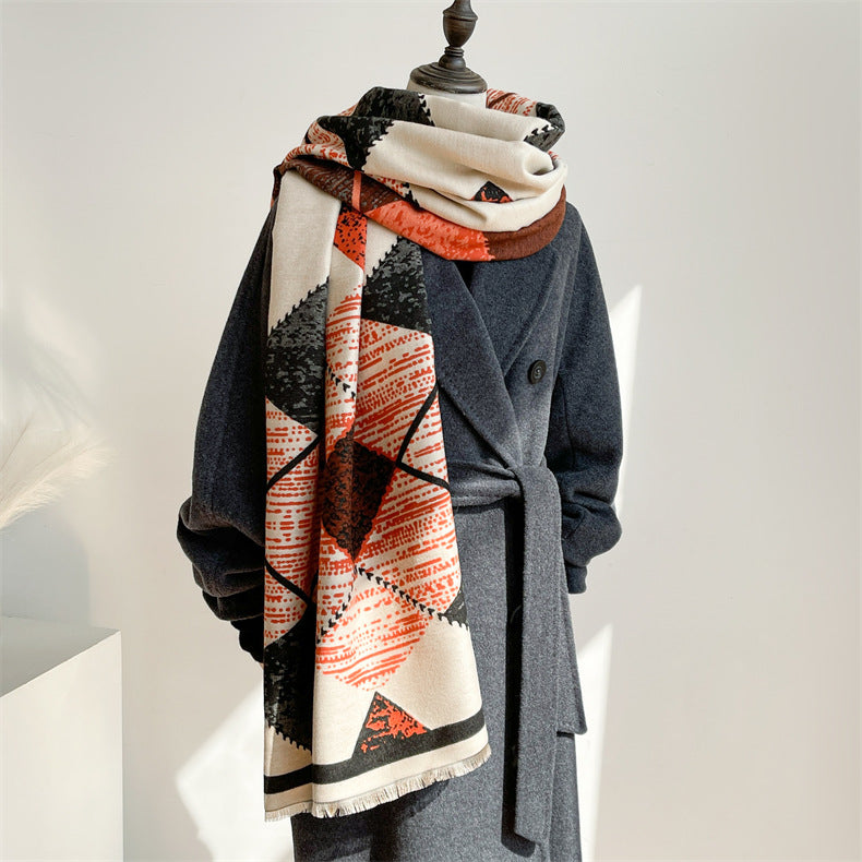Soft Cotton-Blend Double-Sided Printed Geometric Design Winter Shawl