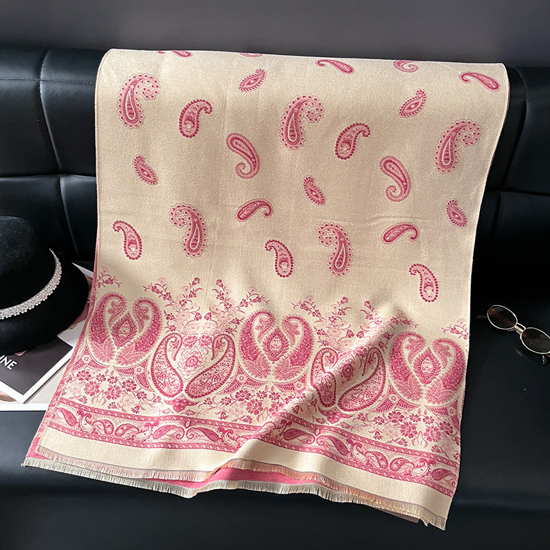 Premium Bohemian Pink Paisley Patterned Winter Shawl for Women