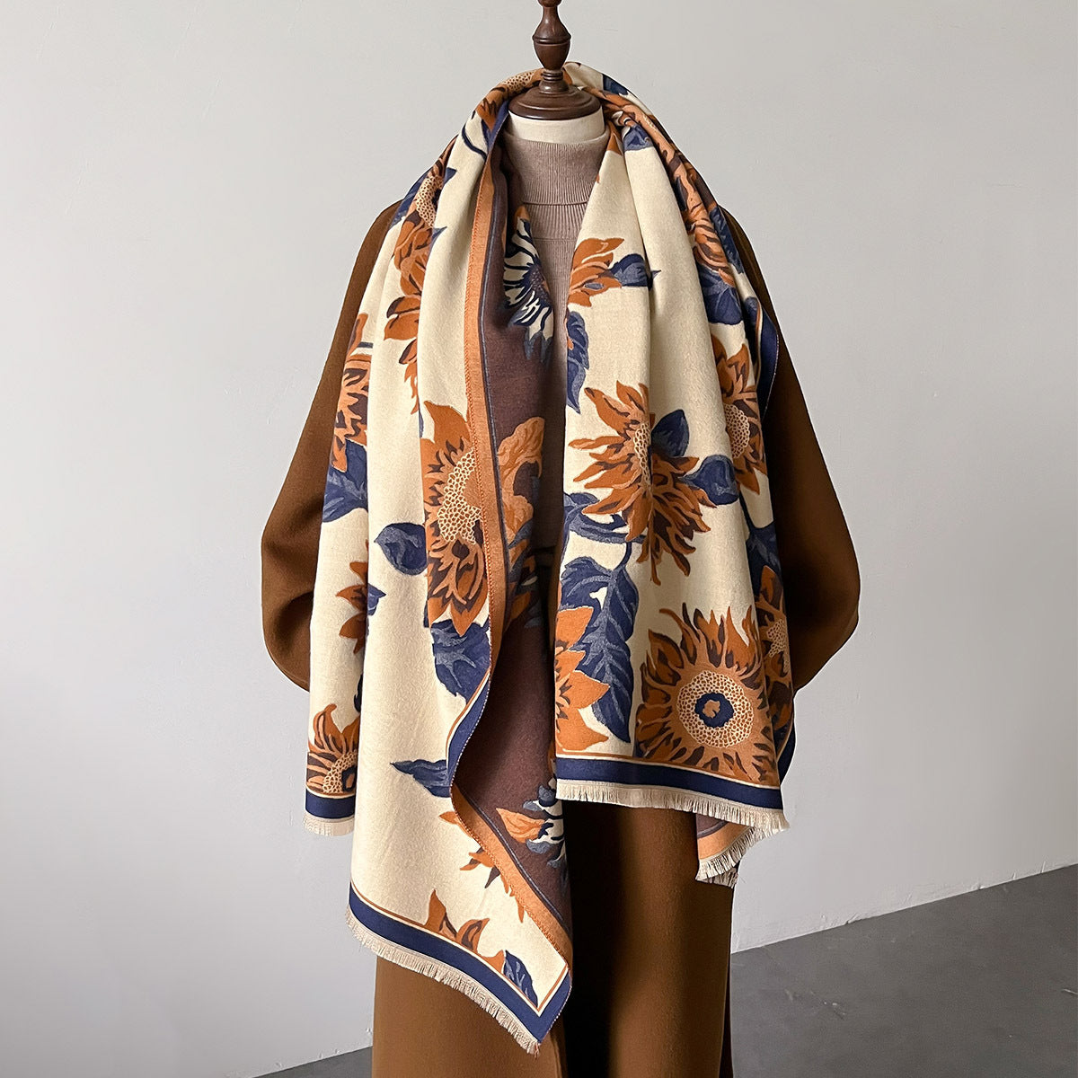 Vintage Style Luxury Floral Design Oil Painting Printed Winter Shawl