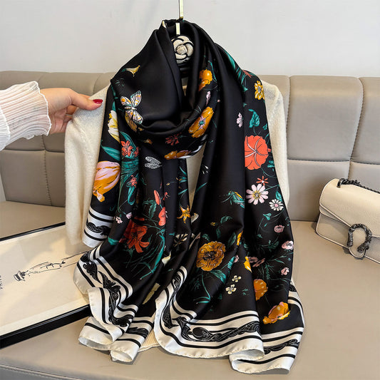 Women's Elegant Black Floral Border Satin Silk Scarf