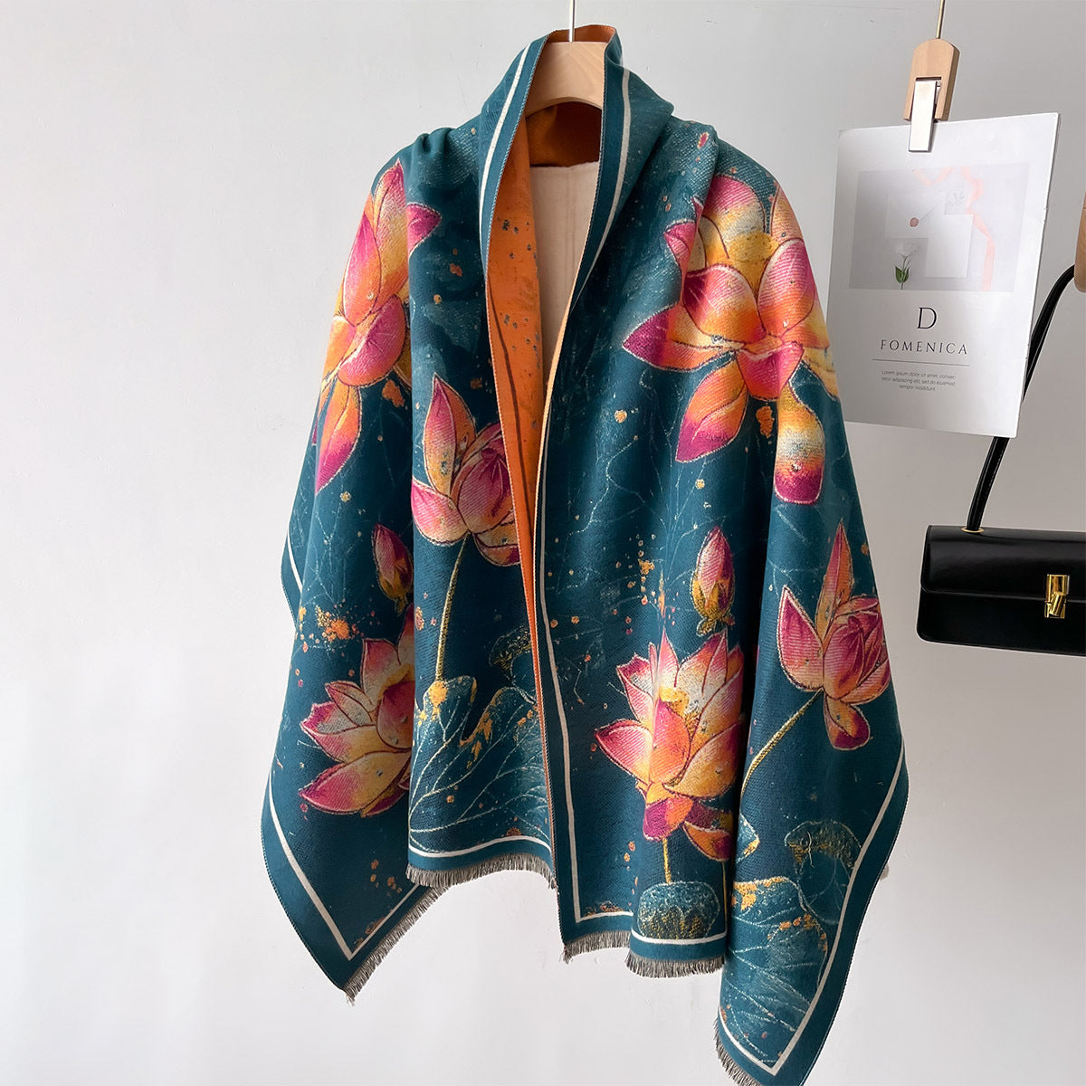 Elegant Lotus Blossom Oil Painting Luxury Winter Shawl For Women