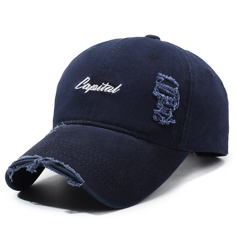 Outdoor Lettered Embroidery Soft Top Ripped Vintage Cap