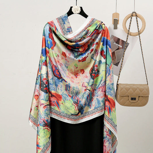 Vibrant Abstract Oil Painting printed Women's Satin Silk Scarf
