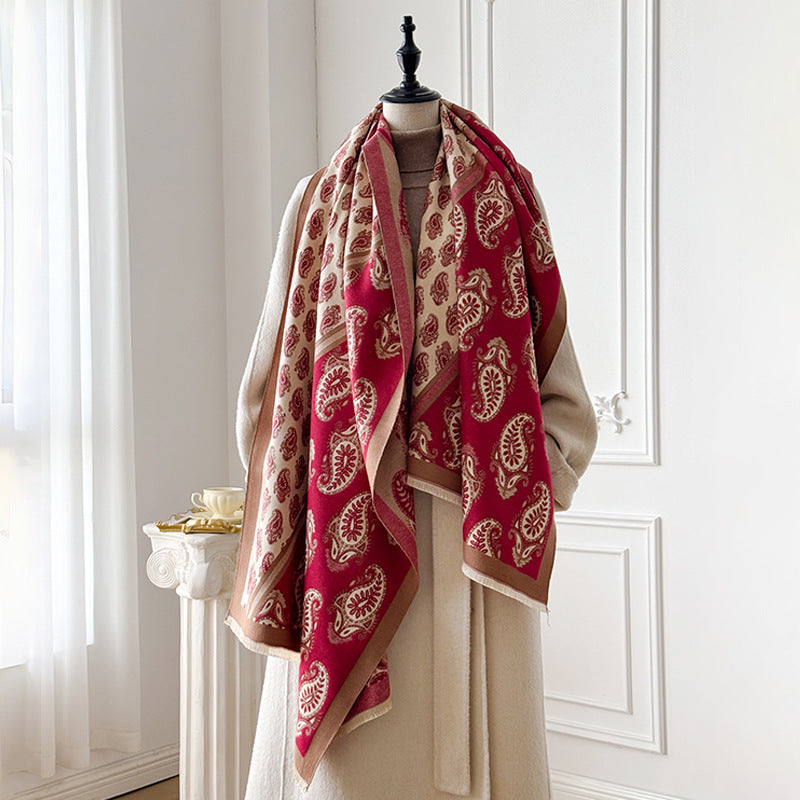 Elegant Double-Sided Red Paisley Cashew Flower Printed Winter Shawl