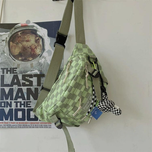 Checkerboard plaid retro crossbody bag with adjustable shoulder strap and free pendant (ALAUDDIN)