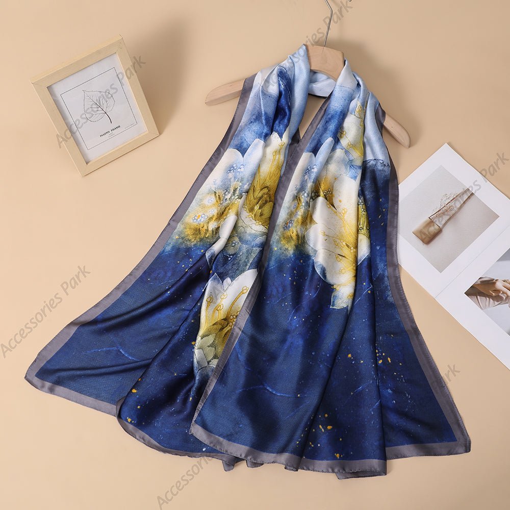 Water Bloom Floral Printed High Quality Satin Silk Scarves