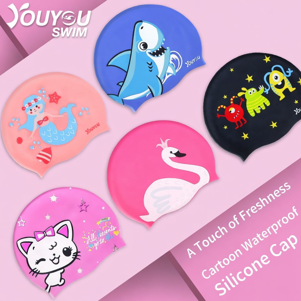Kids Waterproof Silicone Swimming Cap with Cute Cartoon Animal Designs
