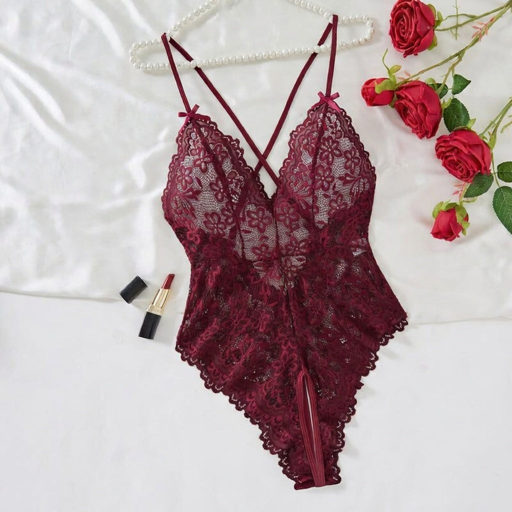 Elegant Floral Lace Deep V Bodysuit with Strappy Back Detail