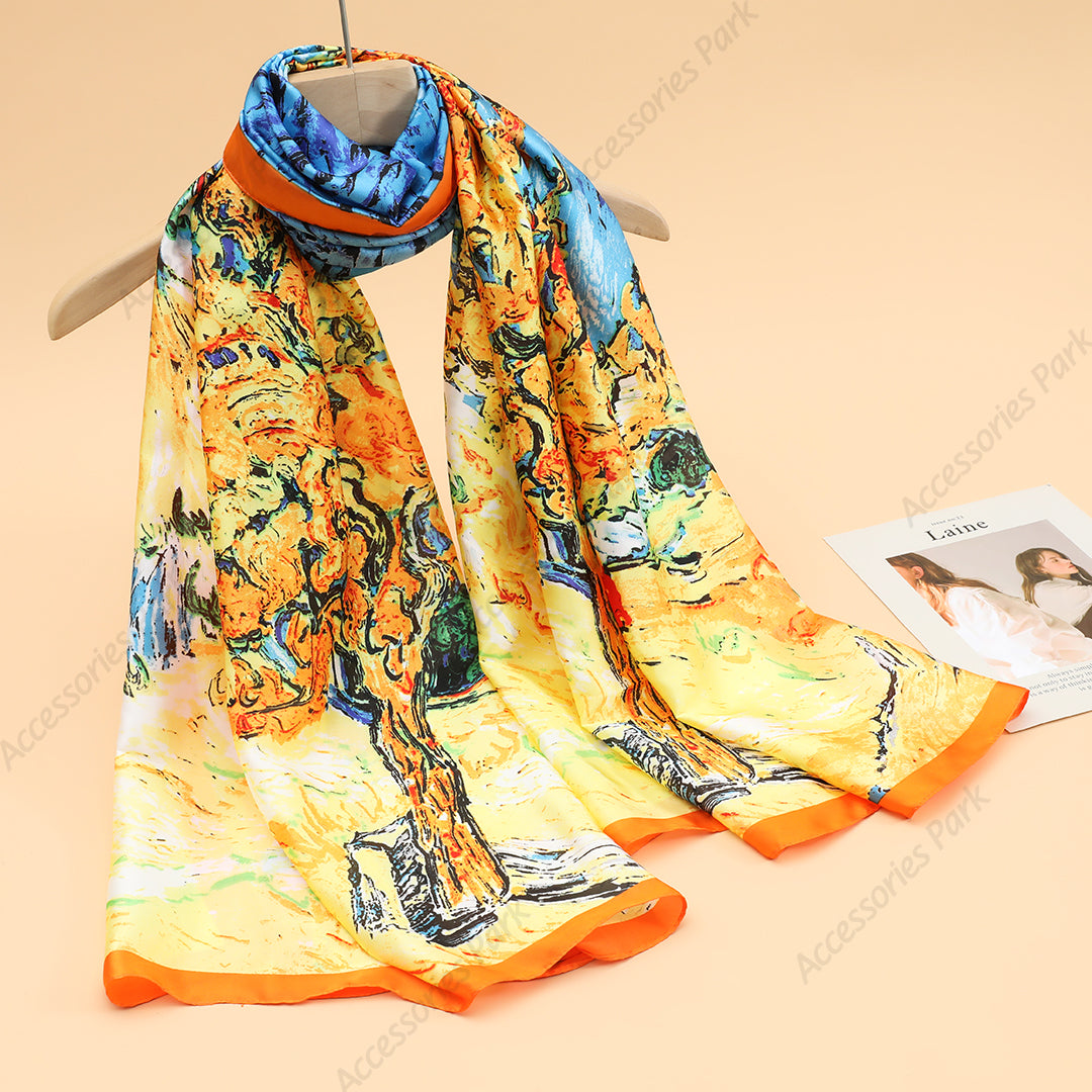 Beautiful Oil Painted Colorful Satin Silk Scarf for Women