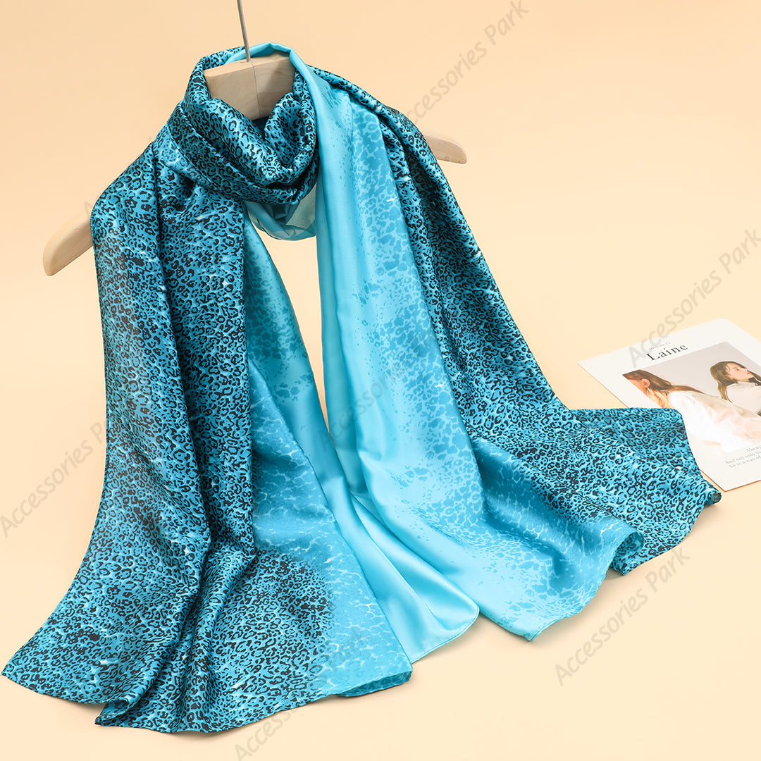 Aqua Blue Leopard Printed Women Satin Silk Scarf